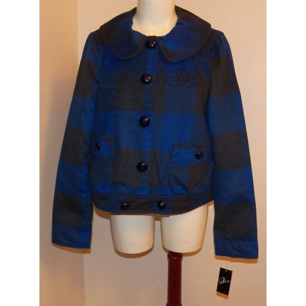NWT Fabulosity Blue/Black/Gray Plaid Jacket Women's Size Large Lined Big Buttons